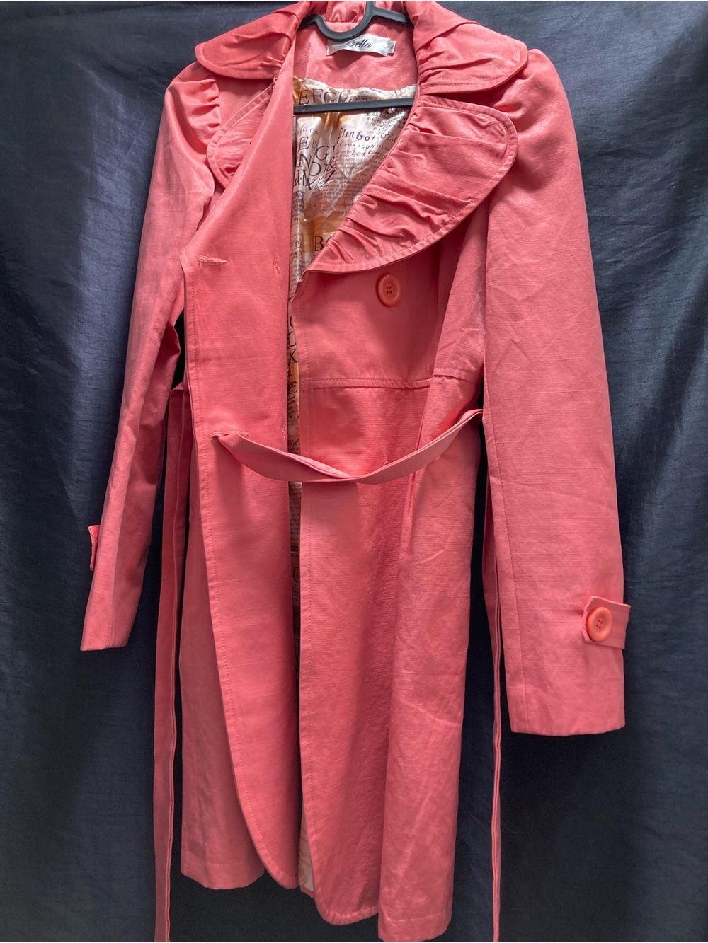 Bella Pink Belted Trench Coat Ruffle Collar Size XL